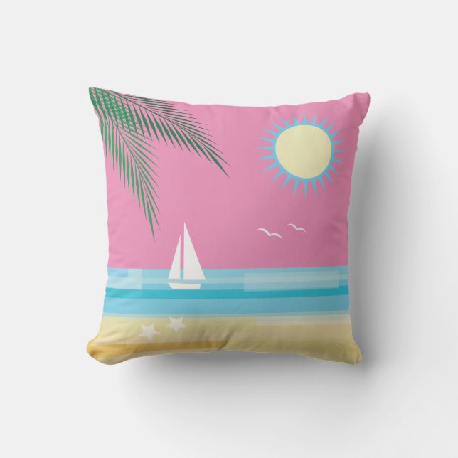 Tropical Beach on Pink Sky - Outdoor Cushion (Front)