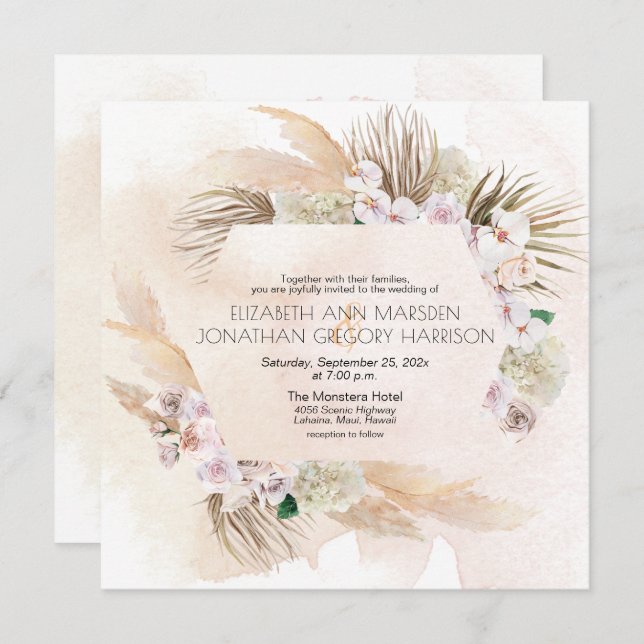 Tropical Beach Orchids Sea Oats Earth Tones Invitation (Front/Back)