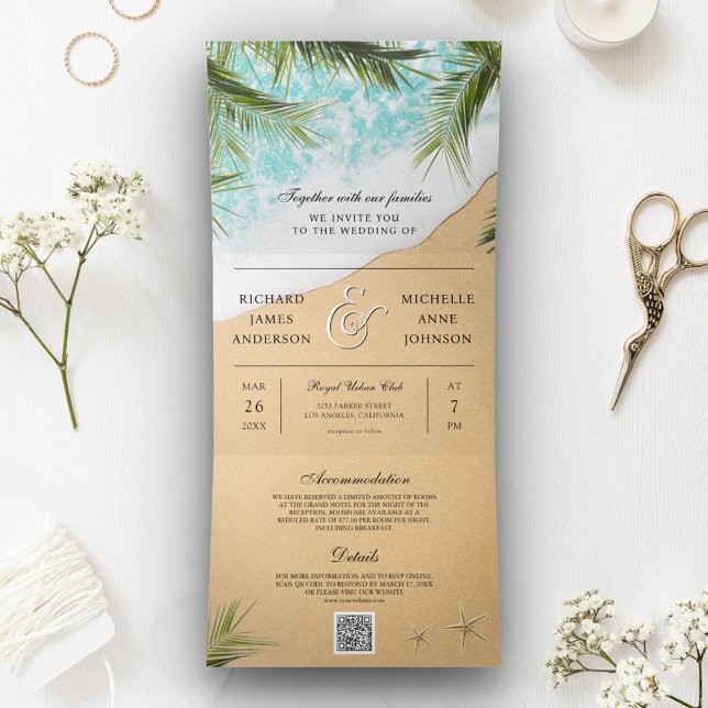 Tropical Beach Palm All in One QR Code Wedding Tri-Fold Invitation (Creator Uploaded)