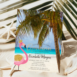 Tropical Beach,Palm,Flamingo  Quinceañera Invitation