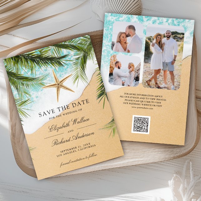 Tropical Beach Palm Leaves Starfish Photo Wedding Save The Date (Creator Uploaded)