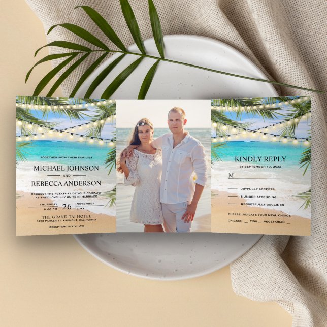 Tropical Beach Palm Leaves String Lights Wedding Tri-Fold Invitation (Creator Uploaded)