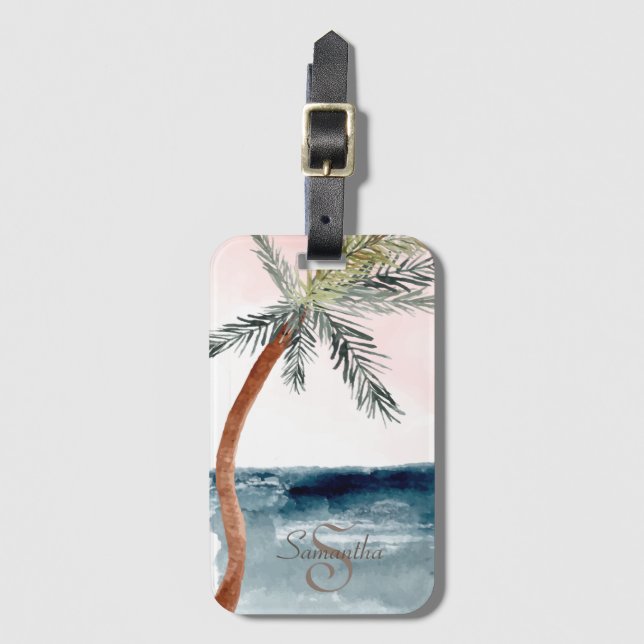 Tropical Beach Palm-Monogram Luggage Tag (Front Vertical)