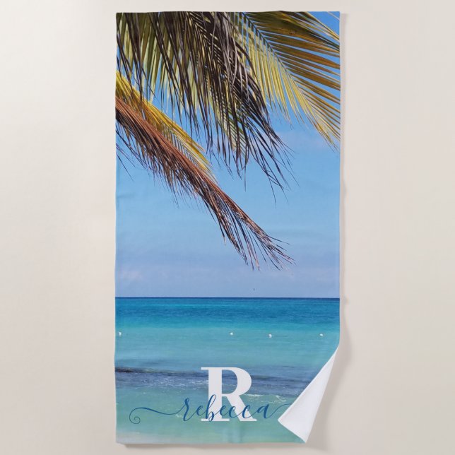 Tropical Beach Palm Monogram Name Beach Towel (Front)