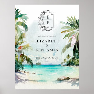 Tropical Beach Palm Monogram Wedding Welcome Poster