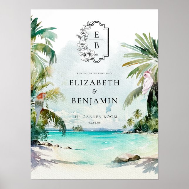 Tropical Beach Palm | Monogram Wedding Welcome Poster (Front)