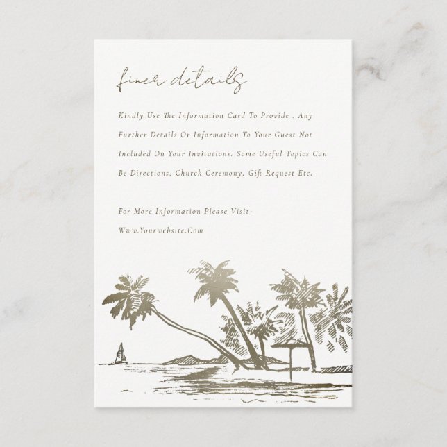 Tropical Beach Palm Sketch Gold Wedding Detail Enclosure Card (Front)
