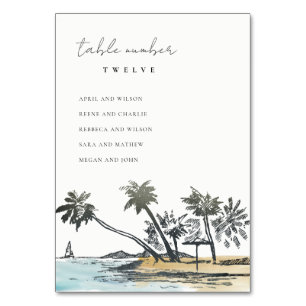 Tropical Beach Palm Sketch Wedding Seating Chart Table Number