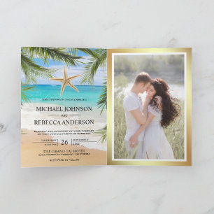 Tropical Beach Palm Starfish Photo QR Code Wedding Invitation