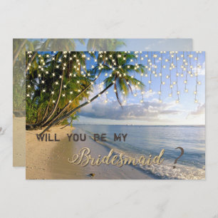 Tropical Beach,Palm,String Lights Bridesmaid Card