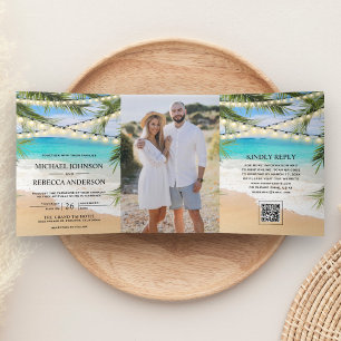 Tropical Beach Palm String Lights QR Code Wedding Tri-Fold Invitation