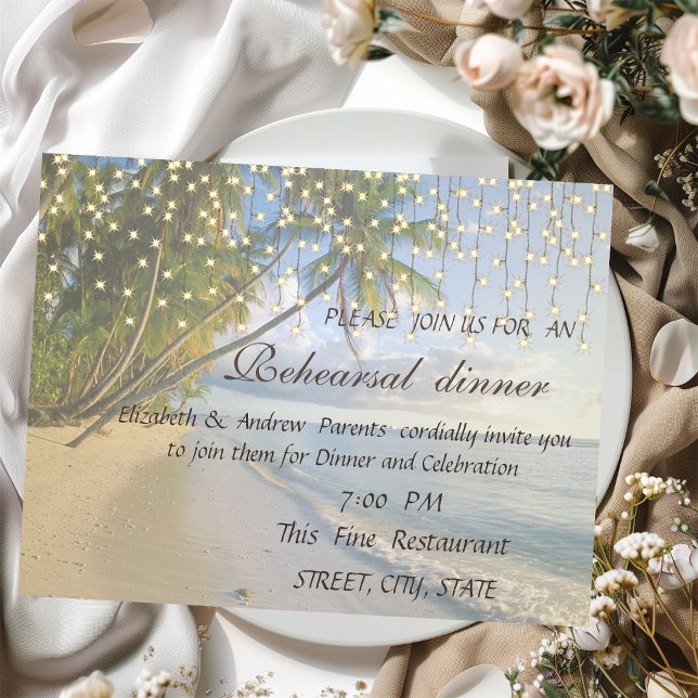 Tropical Beach,Palm,String Lights Rehearsal Dinner Invitation (Creator Uploaded)