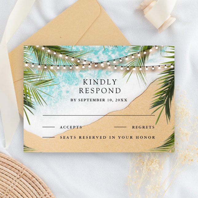 Tropical Beach Palm String Lights Wedding RSVP Card (Creator Uploaded)