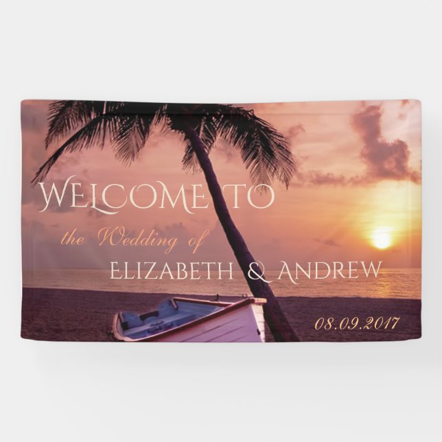 Tropical Beach,Palm, Sunset, Boat  Wedding Banner (Horizontal)