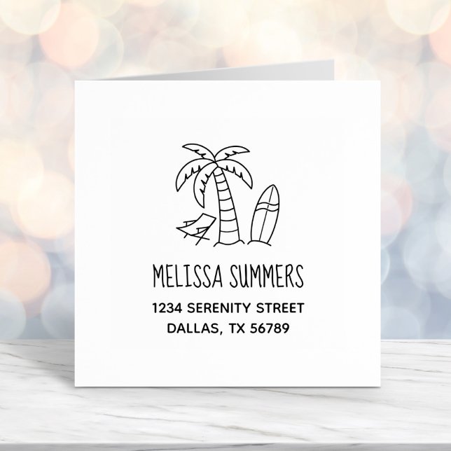 Tropical Beach Palm Surfboard Address Self-inking Stamp (Creator Uploaded)
