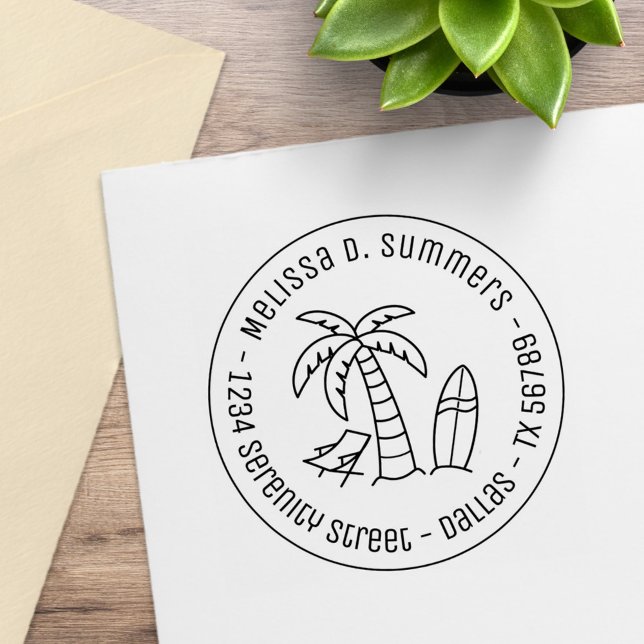 Tropical Beach Palm Surfboard Round Address Rubber Stamp (Creator Uploaded)