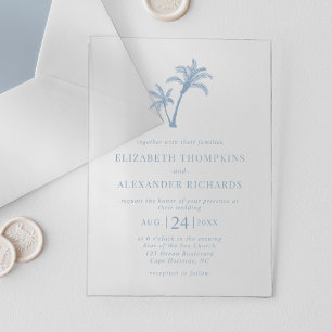 Tropical Beach Palm Tree Dusty Blue Wedding Acrylic Invitations