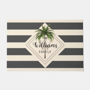 Tropical Beach Palm Tree Grey Stripes Monogram Doormat