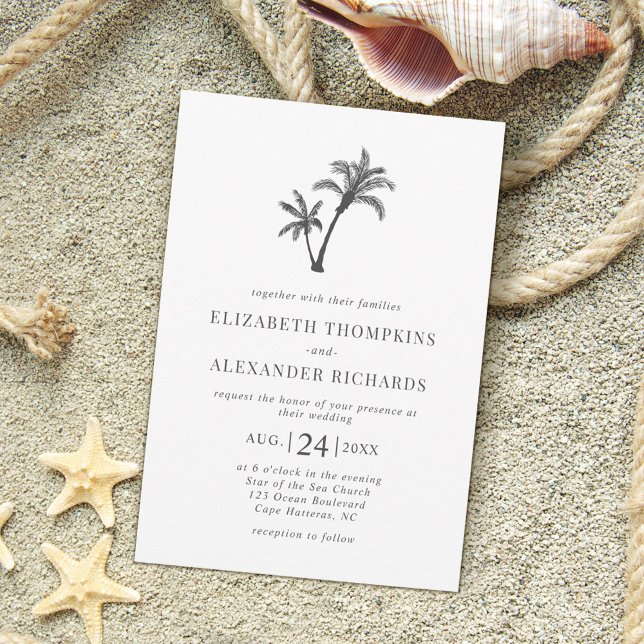 Tropical Beach Palm Tree Minimal Wedding Invitation (Creator Uploaded)