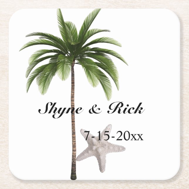 Tropical Beach Palm Tree Modern Wedding Favour Square Paper Coaster (Front)