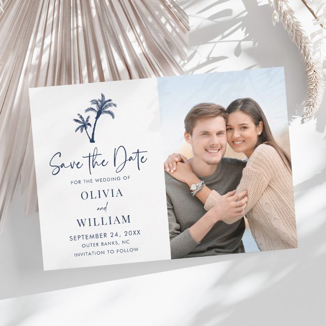 Tropical Beach Palm Tree Navy Blue Wedding Photo Save The Date (Creator Uploaded)