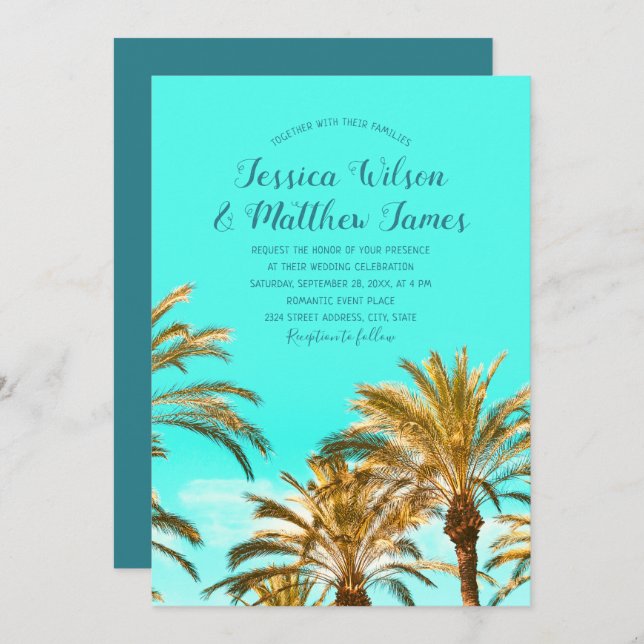 Tropical Beach Palm Tree Ocean Destination Wedding Invitation (Front/Back)