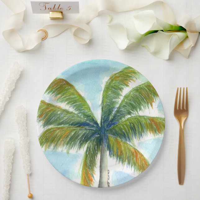 Tropical Beach palm tree on a sunny day Paper Plate (Wedding)