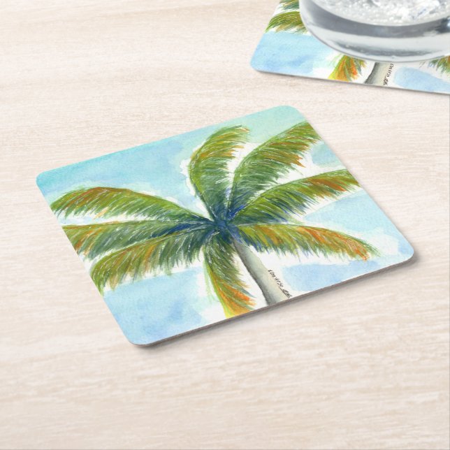 Tropical Beach palm tree on a sunny day Square Paper Coaster (Angled)