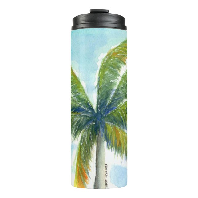 Tropical Beach palm tree on a sunny day Thermal Tumbler (Front)