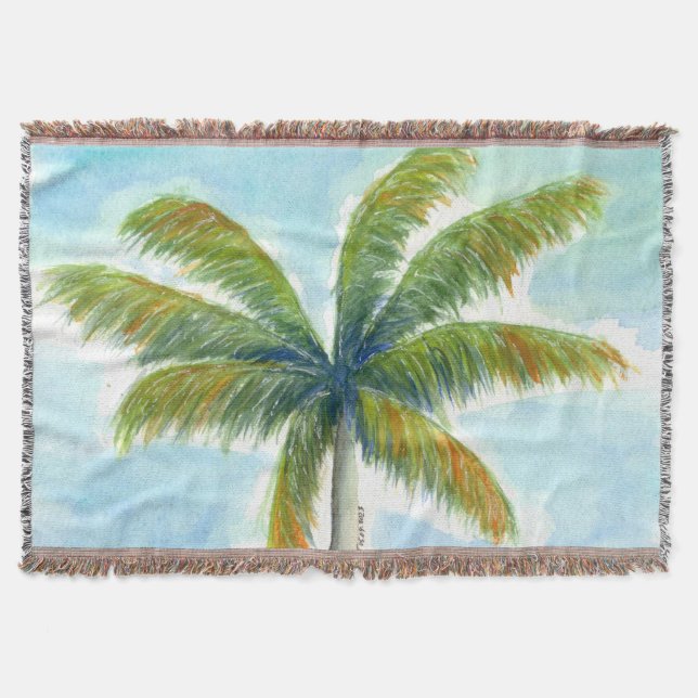 Tropical Beach palm tree on a sunny day Throw Blanket (Front)