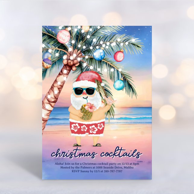 Tropical Beach Palm Tree Santa Christmas Cocktails Invitation (Creator Uploaded)