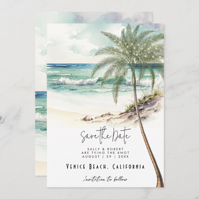 Tropical beach palm tree save the date card (Front/Back)