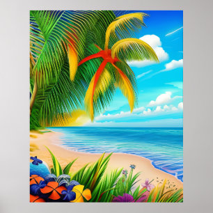 Tropical Beach Palm Tree Scene Poster