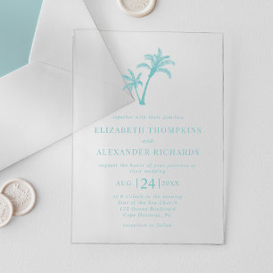Tropical Beach Palm Tree Sea Glass Blue Wedding Acrylic Invitations