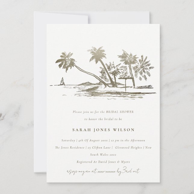 Tropical Beach Palm Tree Sketch Bridal Shower Invitation (Front)