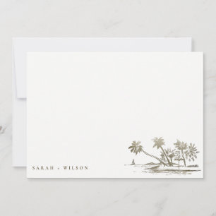 Tropical Beach Palm Tree Sketch Pale Gold Wedding Card