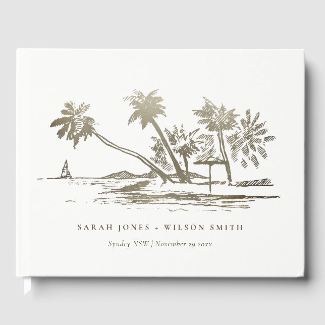 Tropical Beach Palm Tree Sketch Pale Gold Wedding Guest Book (Front)