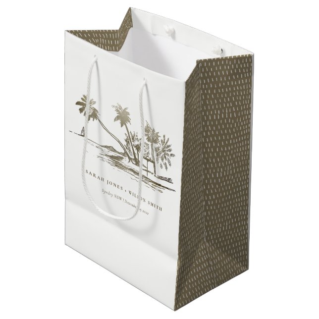 Tropical Beach Palm Tree Sketch Pale Gold Wedding Medium Gift Bag (Front Angled)
