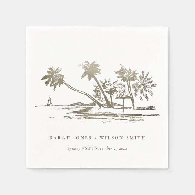 Tropical Beach Palm Tree Sketch Pale Gold Wedding Napkin (Front)