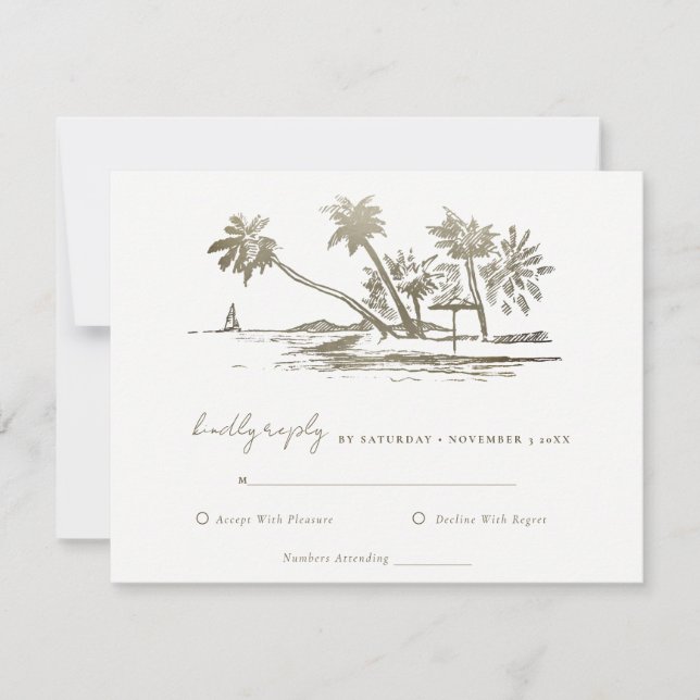 Tropical Beach Palm Tree Sketch Pale Gold Wedding RSVP Card (Front)