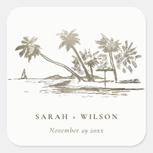 Tropical Beach Palm Tree Sketch Pale Gold  Wedding Square Sticker