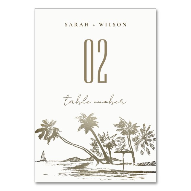 Tropical Beach Palm Tree Sketch Pale Gold Wedding Table Number (Front)