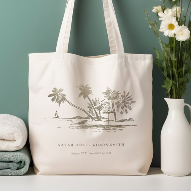 Tropical Beach Palm Tree Sketch Pale Gold Wedding Tote Bag (Creator Uploaded)