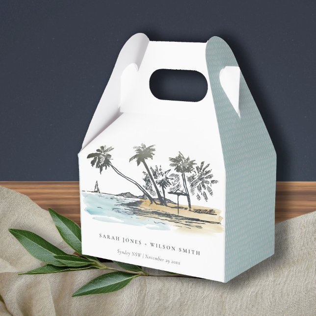 Tropical Beach Palm Tree Sketch Watercolor Wedding Favour Box (Creator Uploaded)