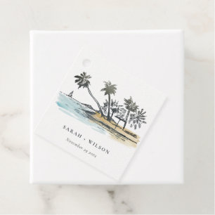 Tropical Beach Palm Tree Sketch Watercolor Wedding Favour Tags