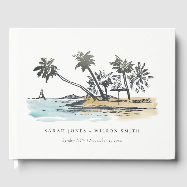 Tropical Beach Palm Tree Sketch Watercolor Wedding Guest Book (Front)