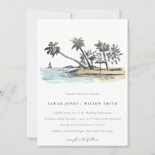 Tropical Beach Palm Tree Sketch Watercolor Wedding Invitation