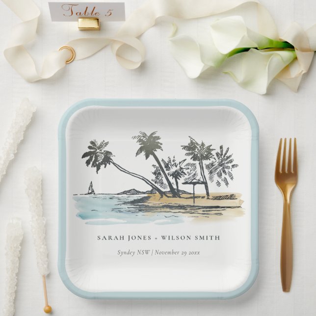 Tropical Beach Palm Tree Sketch Watercolor Wedding Paper Plate (Wedding)