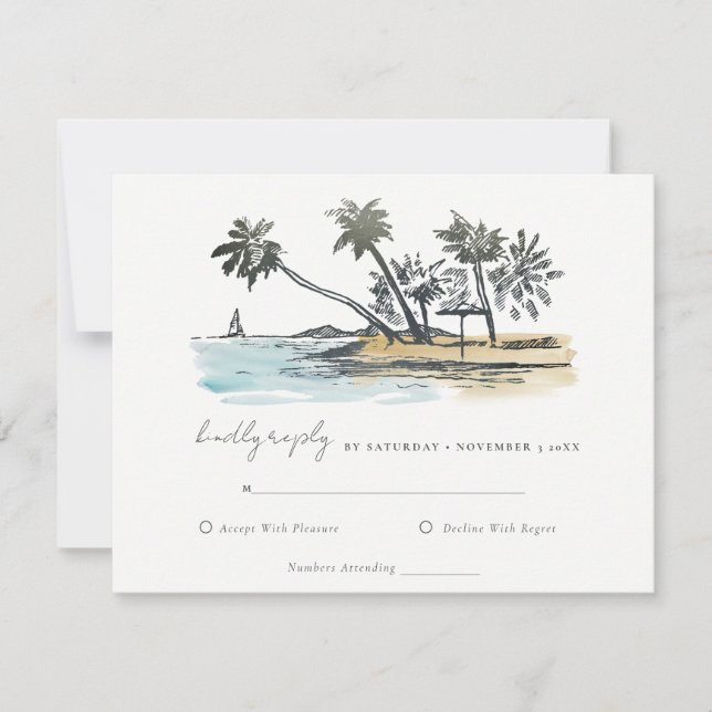 Tropical Beach Palm Tree Sketch Watercolor Wedding RSVP Card (Front)