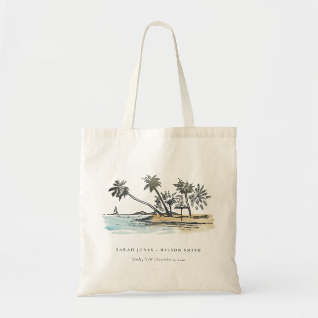 Tropical Beach Palm Tree Sketch Watercolor Wedding Tote Bag (Front)
